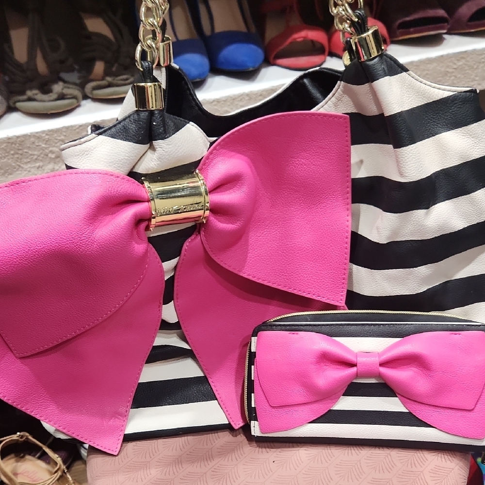 Betsy Johnson, Black and White Striped Bag with Pink Bow